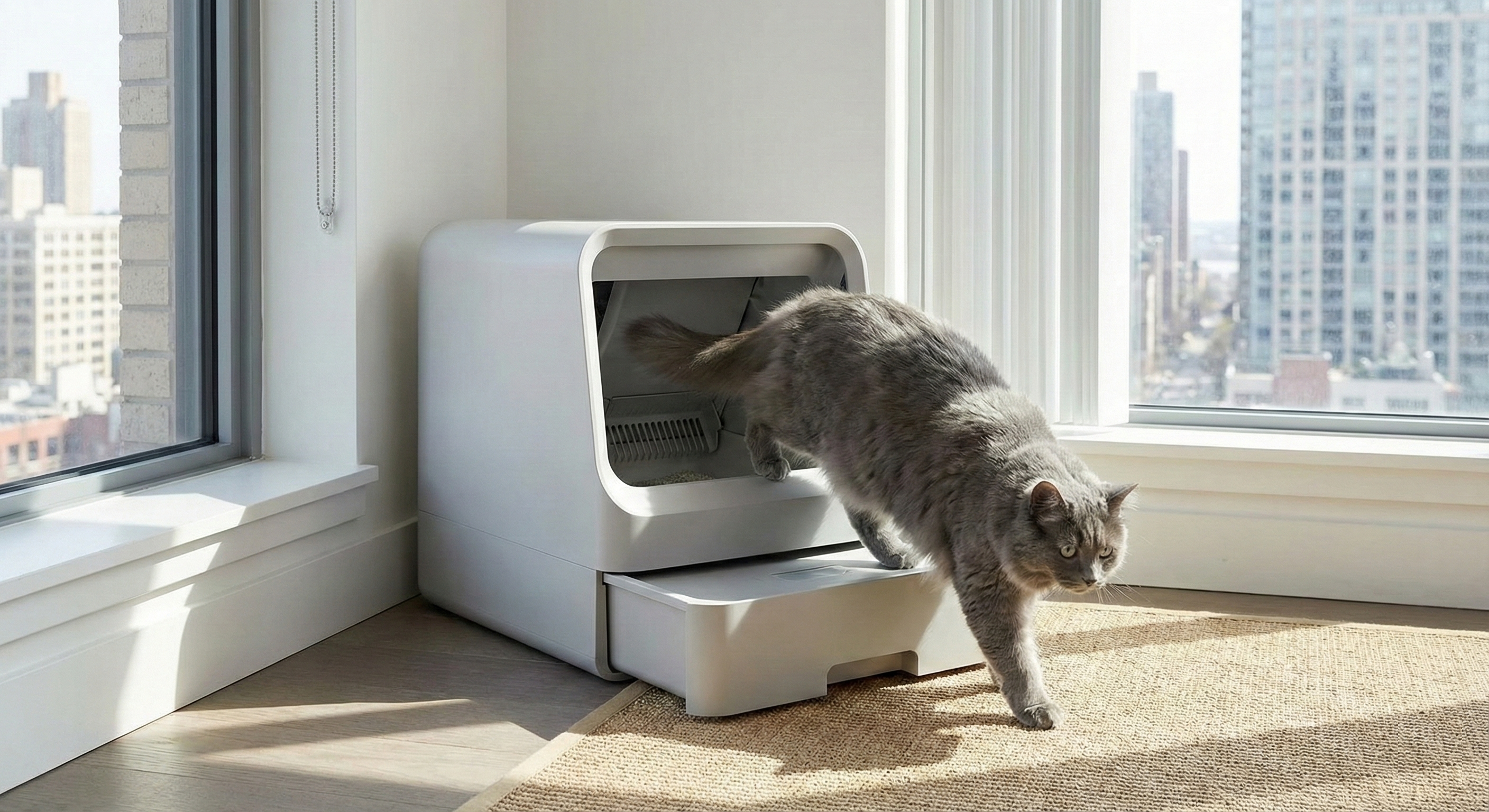 Self-cleaning litter box in a modern apartment entryway